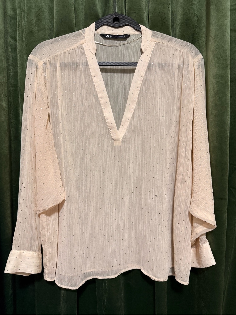 ZARA Embellished Cream Sheer V-Neck Oversized Blouse NWOT